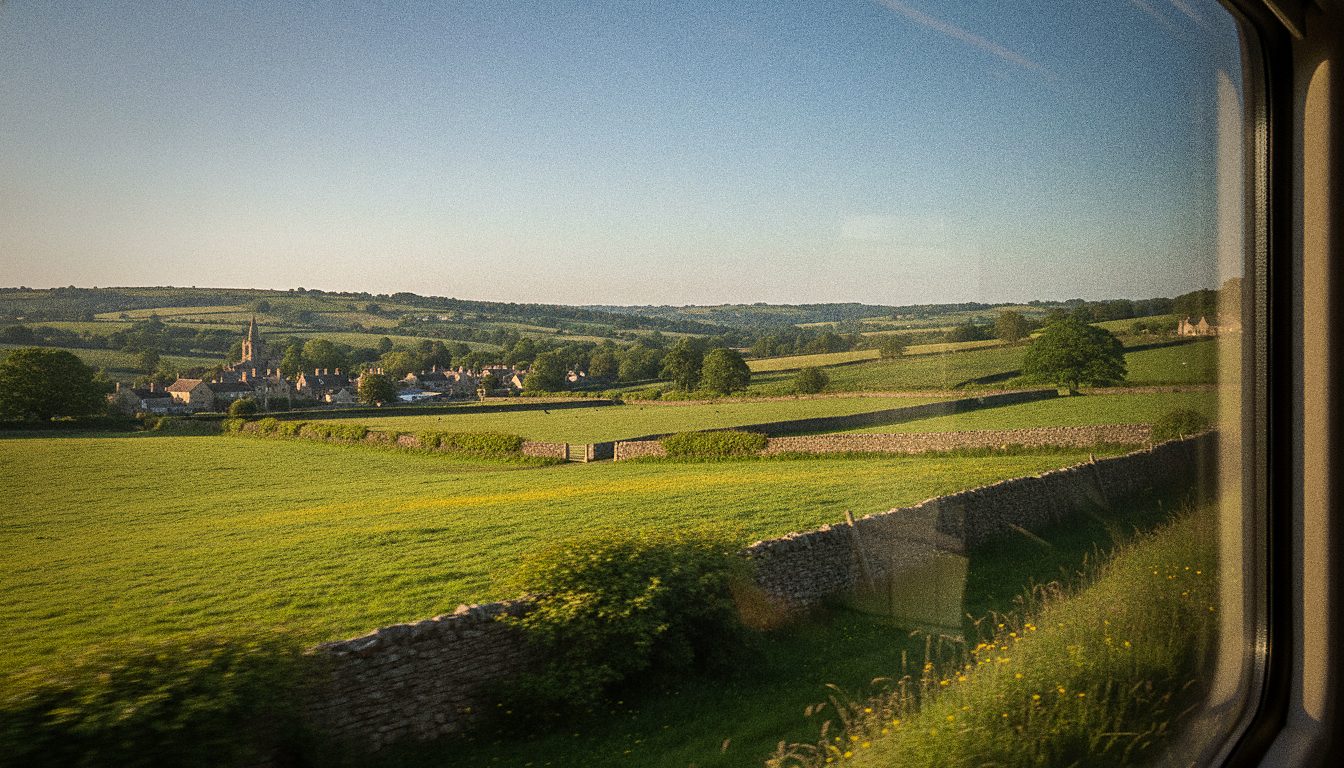 Campagne anglaise vue depuis la fenêtre du train entre Londres et York