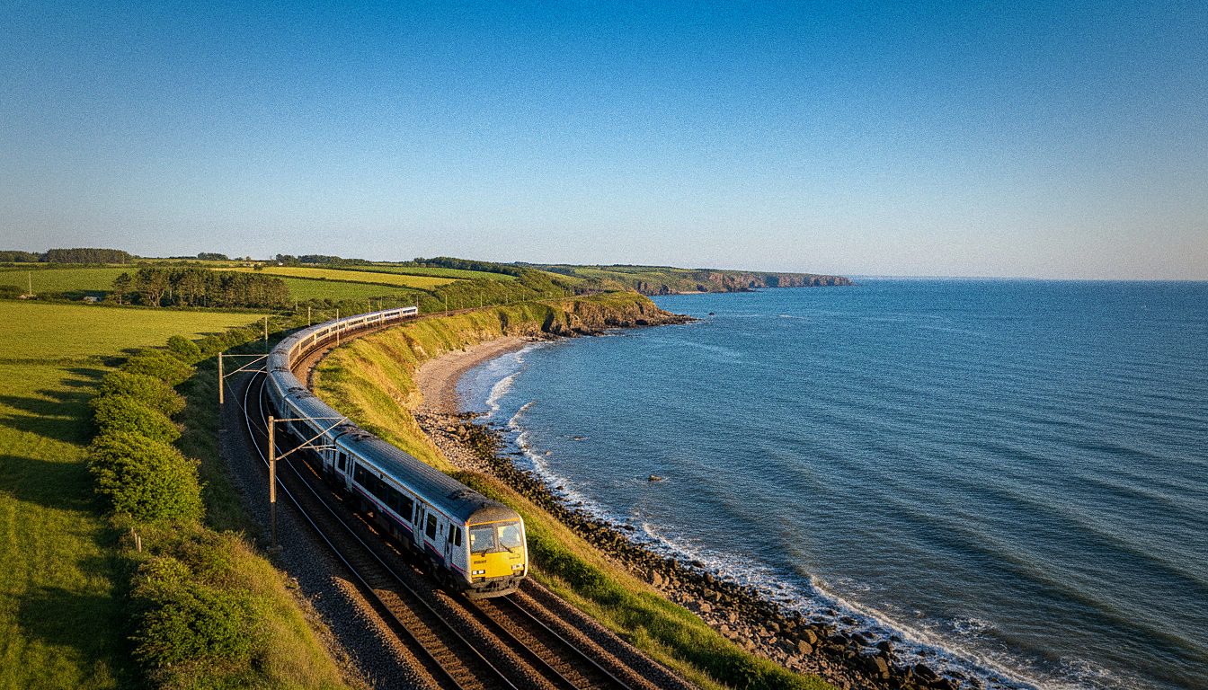 Train longeant la côte de la mer du Nord près de Berwick-upon-Tweed à la frontière anglo-écossaise